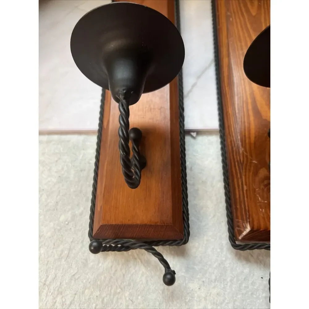 2 Wood Sconces Rustic Farmhouse Black Wrought Iron Twisted Iron Vintage
